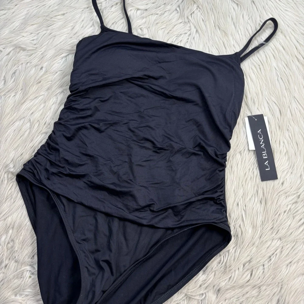 NWT La Blanca Women's 12 Classic One Piece Swim Suit Shirred Draped Front Black